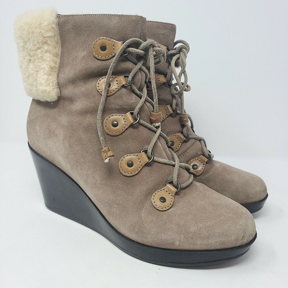 Cole Haan Air Shearling Waterproof Tan Suede Wedge Booties sz 11 Ankle Boots Zip